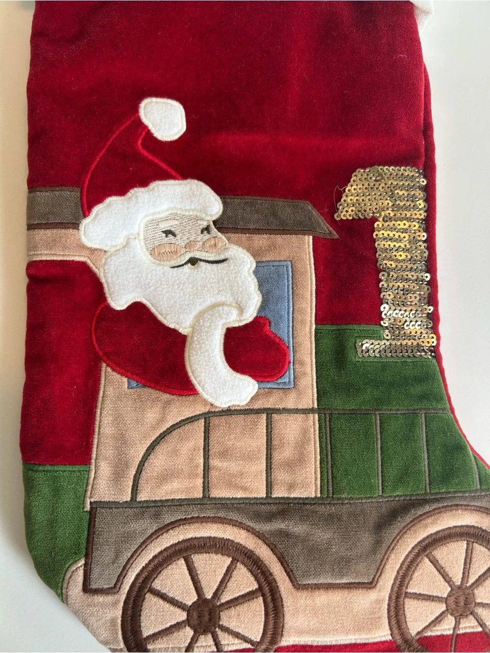 Pottery Barn Santa on Train Christmas Stocking Holiday